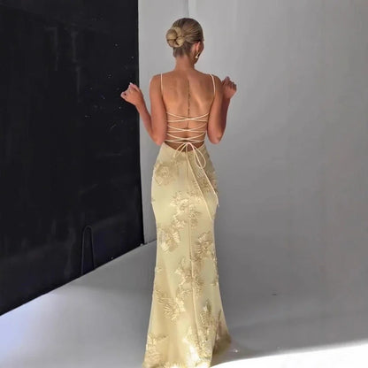 Women Maxi Backless Dress Sexy 3D Floral Embroidery Mermaid Gown Yellow Formal gala Prom Party Dress Long