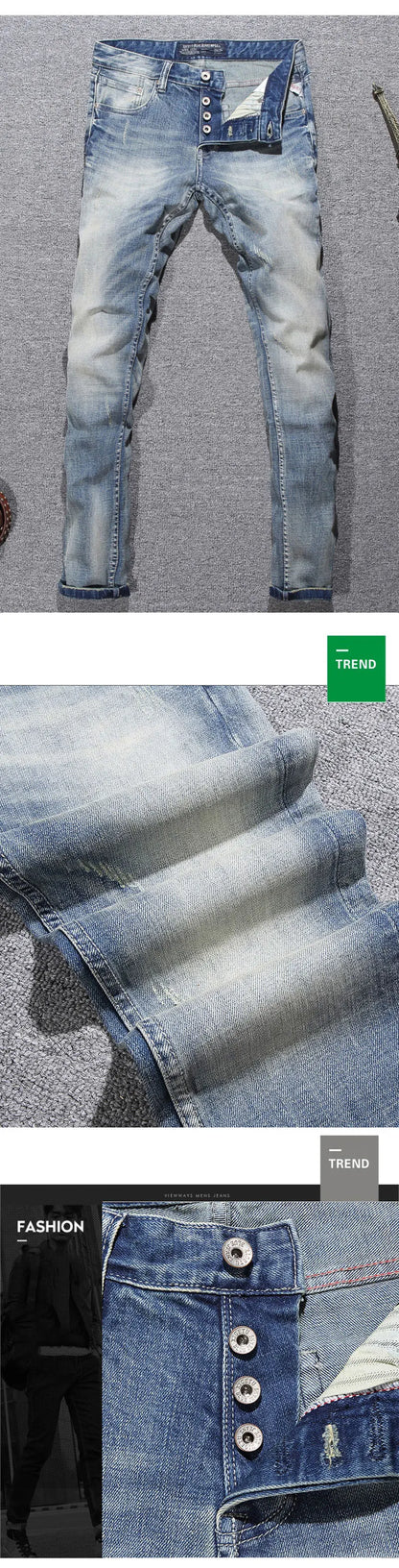 Italian Style Fashion Men Jeans Retro Light Blue Elastic Slim Fit Ripped Jeans Men Buttons Trousers Vintage Designer Denim Pants
