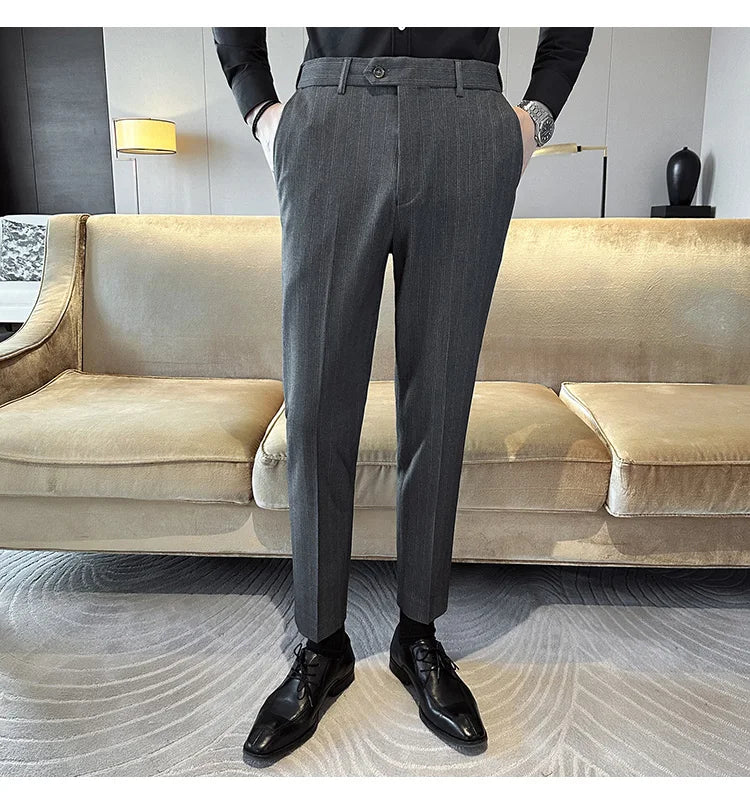 High Quality Striped Suit Pants 2025 Autumn New Fashion Slim Fit Business Elastic waisted Pants Male Wedding Party Trousers