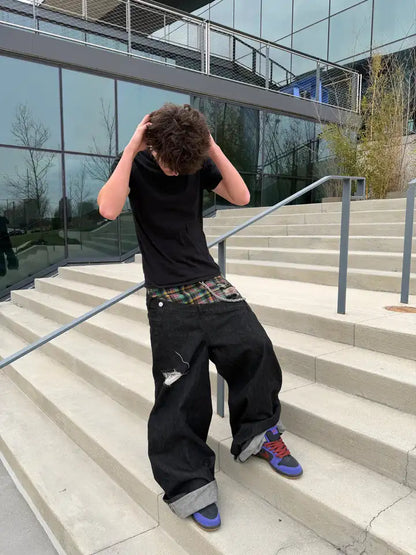 Y2k Slanted Runway Baggy Jeans Retro Plaid Patchwork Men Women Wide Leg Pants American Hip Hop Streetwear Unisex Casual Jeans