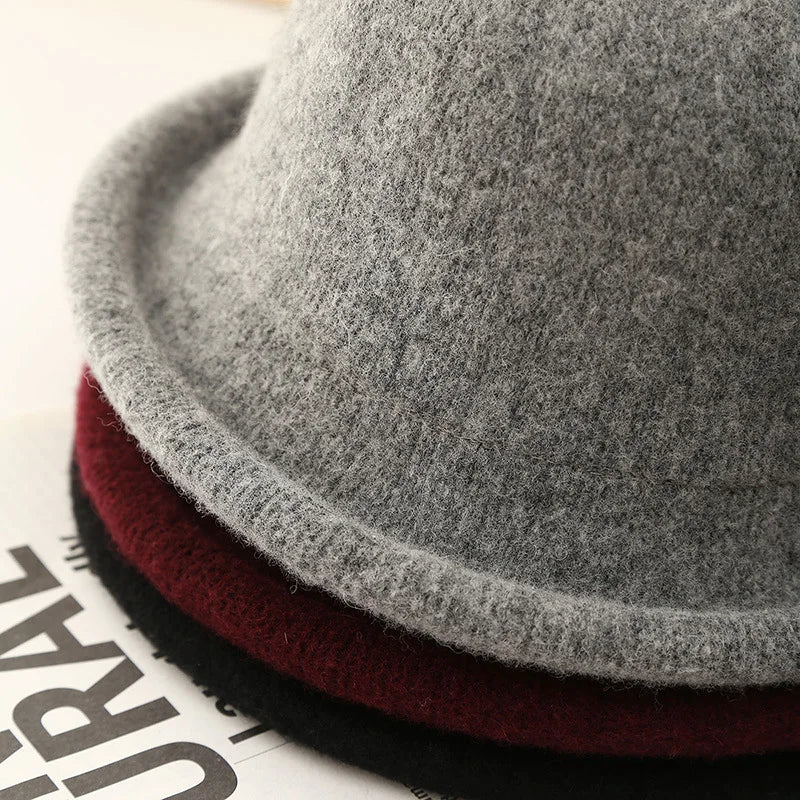 Women Hat Winter Wool Knitted Fedora Small Topper Hat Casual Ladies Solid Color British Top Hat Rolled Brim Official Website