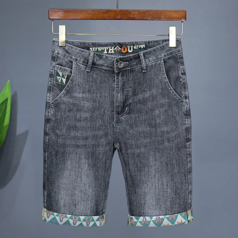 Men's Printed Denim Shorts Summer Thin Fashion Slim Straight Bermuda Jeans Personality Male Short Pants Streetwear
