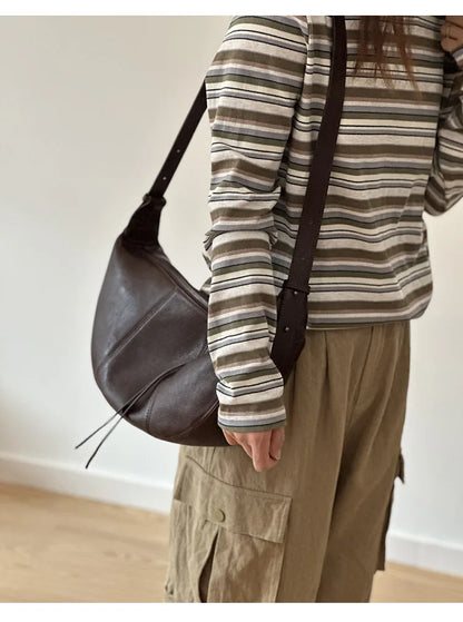 2026 New Genuine Leather Women's Bag Casual Solid Color Versatile Saddle Bag Soft Cowhide Shoulder Crossbody Bags