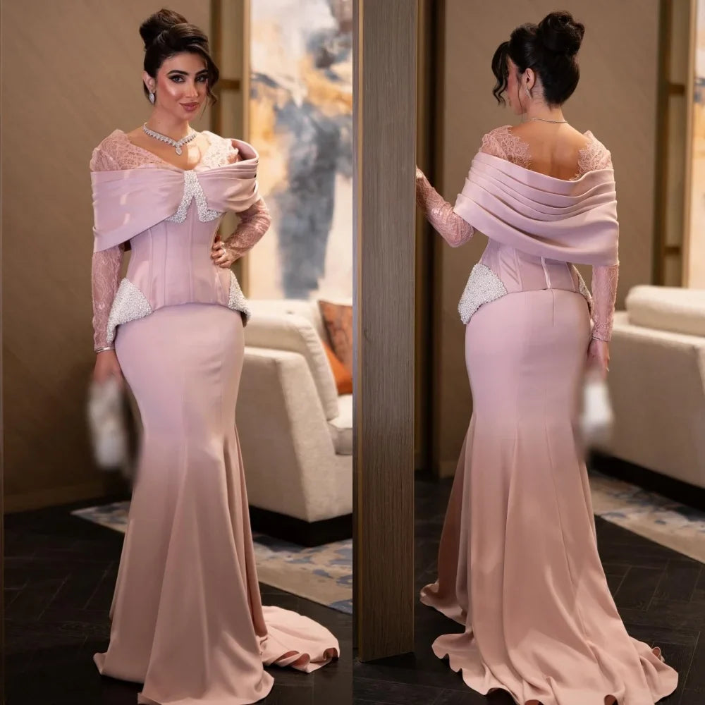 Customized Classic Exquisite Jersey Sequined Pleat Trumpet V-neck Long Dresses Bespoke Occasion Fashion