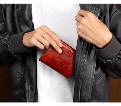 Men's Hand-Rubbed Genuine Leather Short Wallet Top-Grain Vegetable-Tanned Zipper Wallet with Driver's License Card Holder
