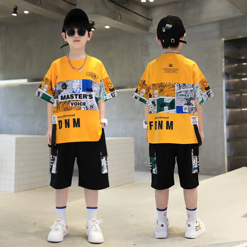Summer Boys Cotton Alphabet Picture Printed T-Shirt Tops+Shorts School Kids Tracksuit Children 2PCS Outfit Workout Set 3-16 Yr