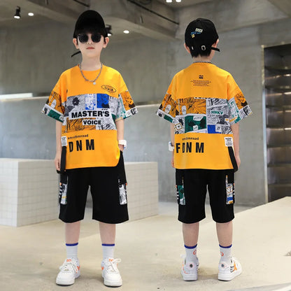 Summer Boys Cotton Alphabet Picture Printed T-Shirt Tops+Shorts School Kids Tracksuit Children 2PCS Outfit Workout Set 3-16 Yr