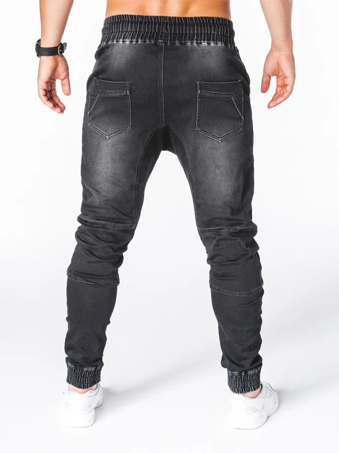 Men Jeans Pencil Pants Elastic Waist Drawstring Lace Up Pockets Washed Distressed Ankle Length Trousers 2025 Streetwear Denims