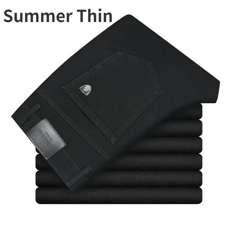 2024 Brand Thin or Thick Material Straight Cotton Stretch Denim Men's  Business Casual High Waist Light Grey Blue Jeans