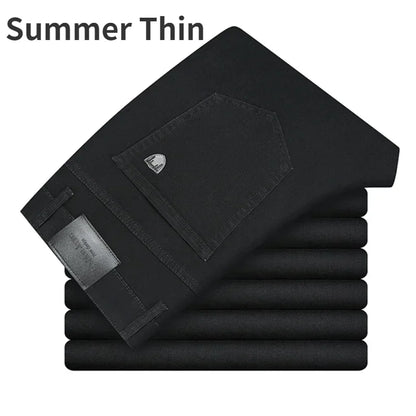 2024 Brand Thin or Thick Material Straight Cotton Stretch Denim Men's  Business Casual High Waist Light Grey Blue Jeans