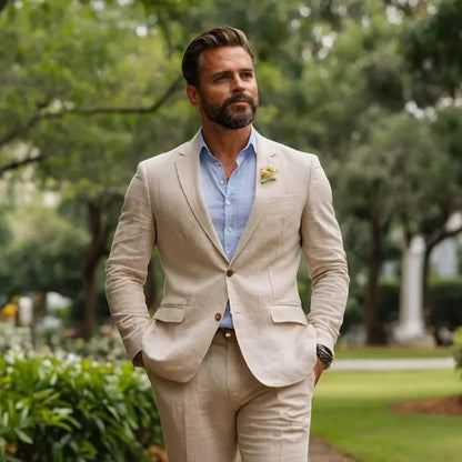 Beige Linen Men Suits 2 Pieces Summer Wedding Suits Slim Fit Casual Formal Blazer Pants Set For Groom Prom Party suit for men