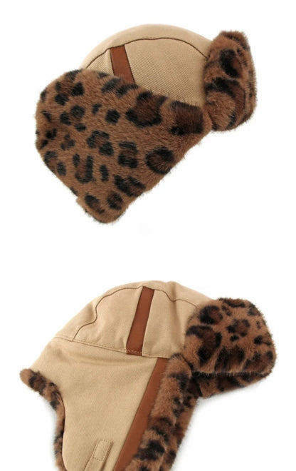Bomber Hat Men Women Thick Warm Winter Hat Leopard Fur Earflap Cap Male Female Russian Hat Windproof Snow Ski Trapper Cap