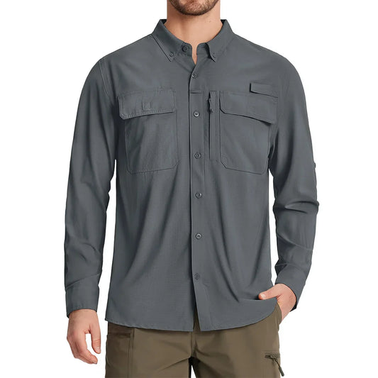 UPF 50+ Sun Protection Fishing Shirts Men's Quick Dry Long Sleeve Shirts Mesh Breathable Hiking Work Cargo Shirts