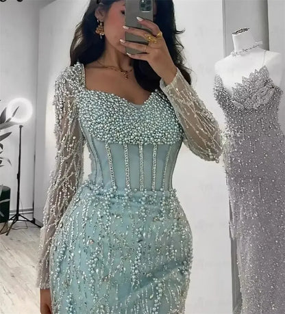 Contessa Custom Luxury Mint Green Mermaid Evening Gown Long Sleeve Corset Heavy Beaded Pearls Dubai Prom Dress Formal Party