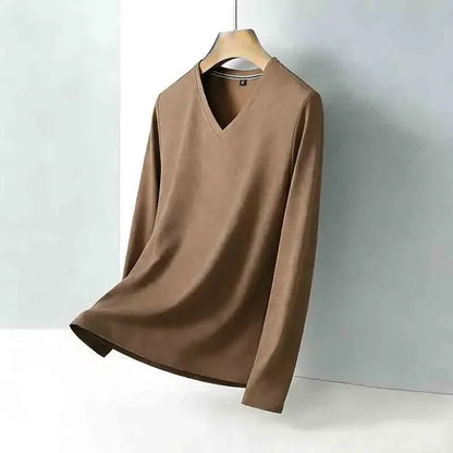 Minimalist Men's V-neck Long Sleeve T-shirt Soft Knitted Fabric Comfortable Top for All Seasons