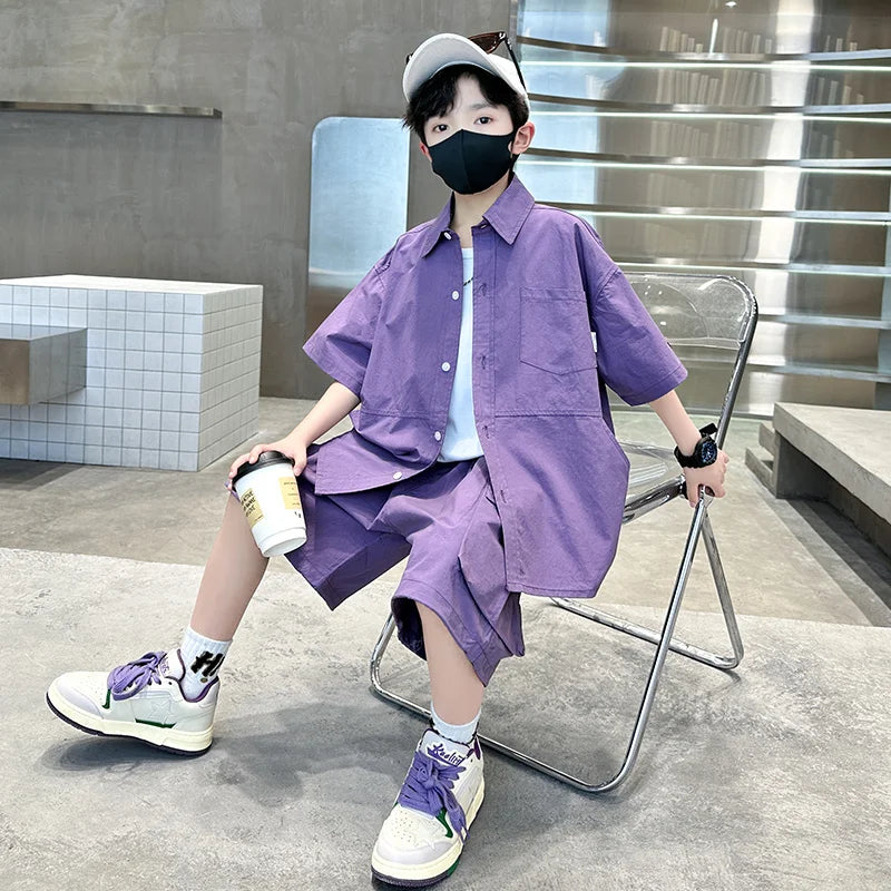 Kids New Summer Purple Suit for Boys Short Sleeve Shirt + Shorts 2 Pieces Clothes Set Children Loose Style Outfit Clothing Set