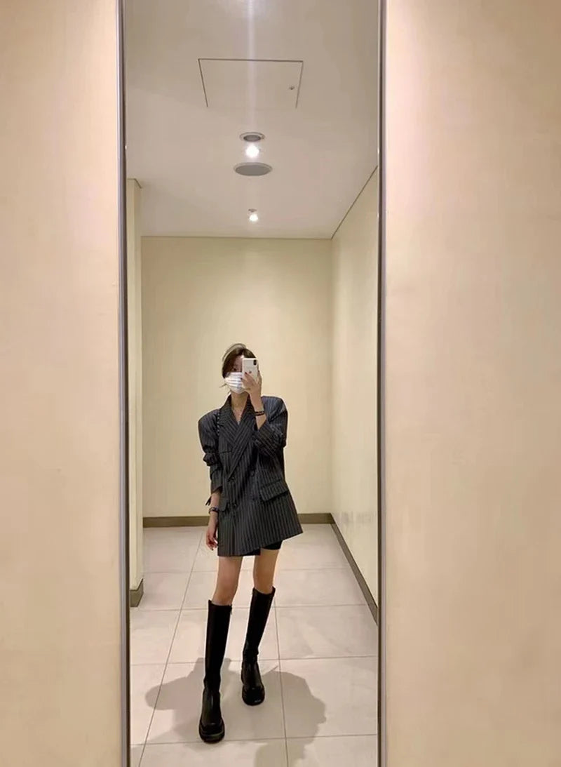 Ele Stripe Loose Faionable Suit Jaet with Belt Hong Kong Sle Retro Chic Top Women's Busin Casual Outerwear