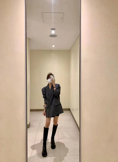Ele Stripe Loose Faionable Suit Jaet with Belt Hong Kong Sle Retro Chic Top Women's Busin Casual Outerwear