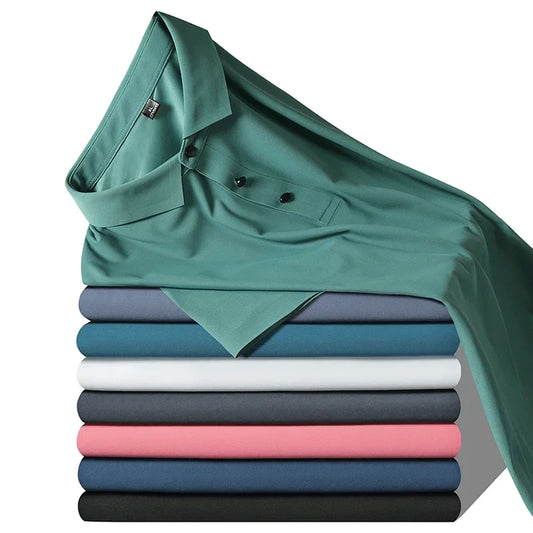 Summer Ice Silk Polo Shirt High-End T-Shirt Solid Color New Half Sleeve Non-Marking Casual Lapels Business Thin Menswear 2025