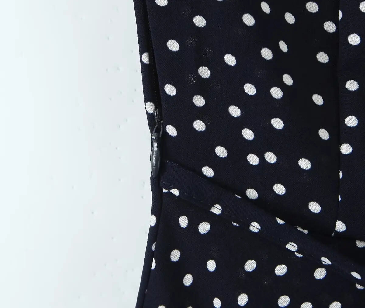 2025 Women Navy Blue Polka Dot Long Dress Lace Trim V Neck Short Sleeve A-line Elegant Holiday Dresses Summe Maxi Robe