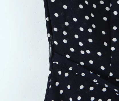 2025 Women Navy Blue Polka Dot Long Dress Lace Trim V Neck Short Sleeve A-line Elegant Holiday Dresses Summe Maxi Robe