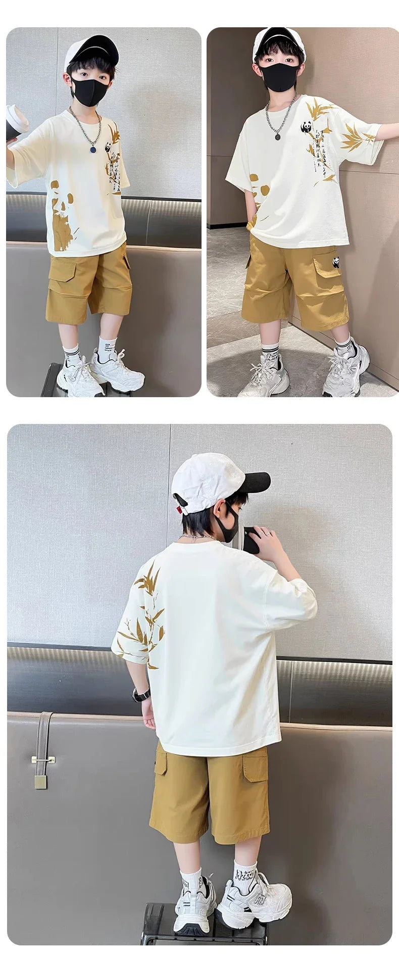 Chinese Style Kids Boy Summer Suit Twopiece Outfit Set With Panda Print T-shirt And Shorts Clothing Set for Children Streetwear