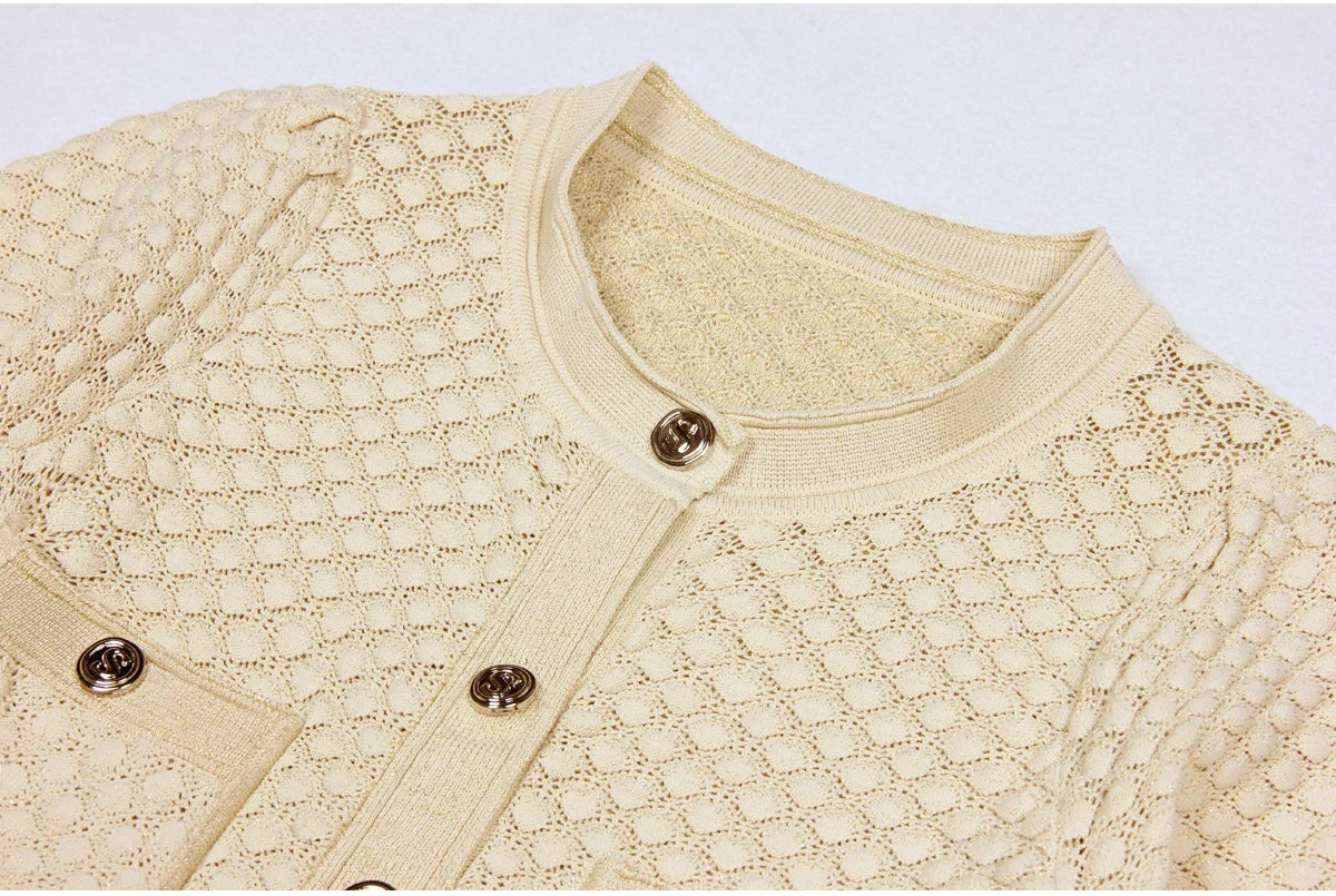 High Quality Fashionable Elastic Bright Silk Knitted Round Neck 7-inch Sleeve Single Row Button Lace Slim Fit Women's Dress