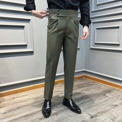 Italian Style Naples High Waisted Straight Pants Men High Quality Solid Color Business Casual Formal Office Social Suit Pants