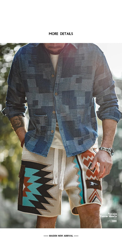 Navajo Totem Knitted Shorts Men's  Elastic Waist Casual Shorts with Corduroy Pocket Summer Beach Breathable Short Pants
