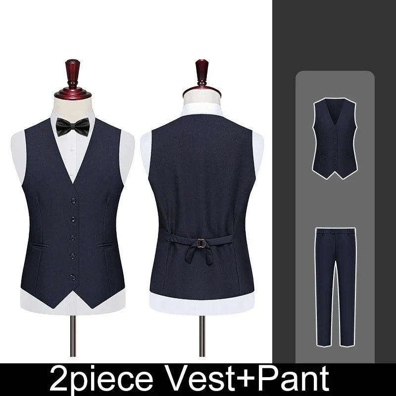 Men 2-piece Set British Style Single-breasted V-neck Vest Man Straight-leg Pant Male Slim Wedding Office Casual Outfit