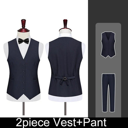 Men 2-piece Set British Style Single-breasted V-neck Vest Man Straight-leg Pant Male Slim Wedding Office Casual Outfit
