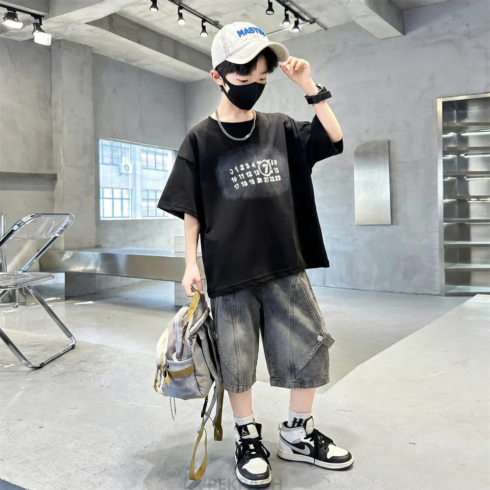 High Quality Boys Summer Top and Bottom Set Cotton T-shirt And Denim Shorts 2 Pieces Suit Kids Children Casual Clothing Set 5-14