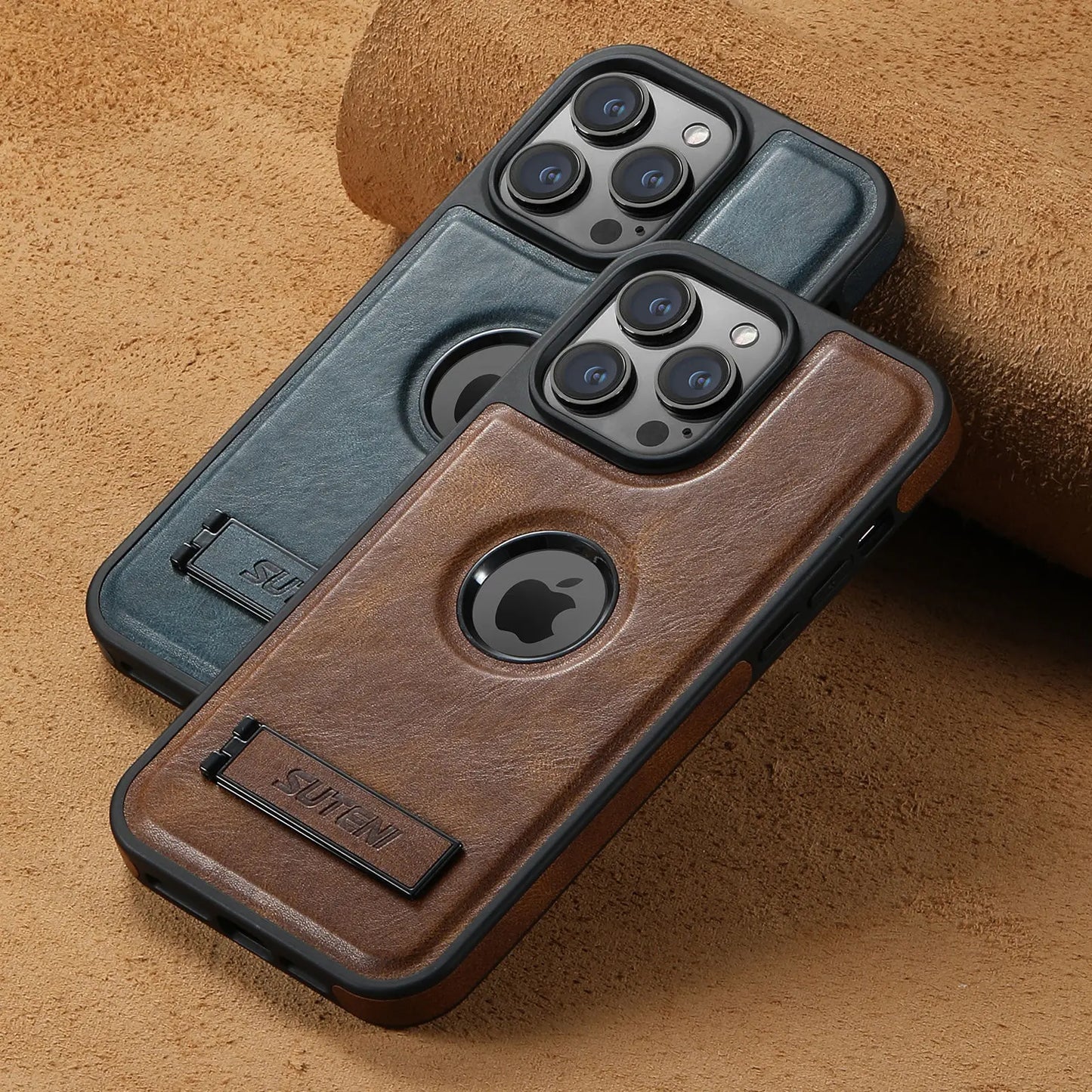 For iPhone 15 14 13 12 Pro Max Leather Case, [Compatible with Mag-safe] Built-in Invisible Stand Protective Slim Kickstand Cover