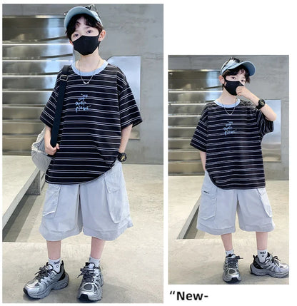 2026 Kids Top and Bottom Clothes Summer Set For Tweens Boys Casual Striped Tracksuit Outfit Children Cargo Clothing 2PCS Suit