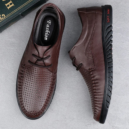 Italian Brand Men's Genuine Leather Casual Shoes Handmade Soles Loafers Lace Up Breathable That's Oxford Shoes for Summer
