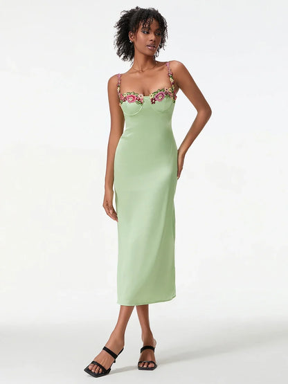 Satin Sling Bodycon Long Dress Women Flower Embroidery Sleeveless Spaghetti Strap Cocktail Dress Summer Party Club Skinny Dress