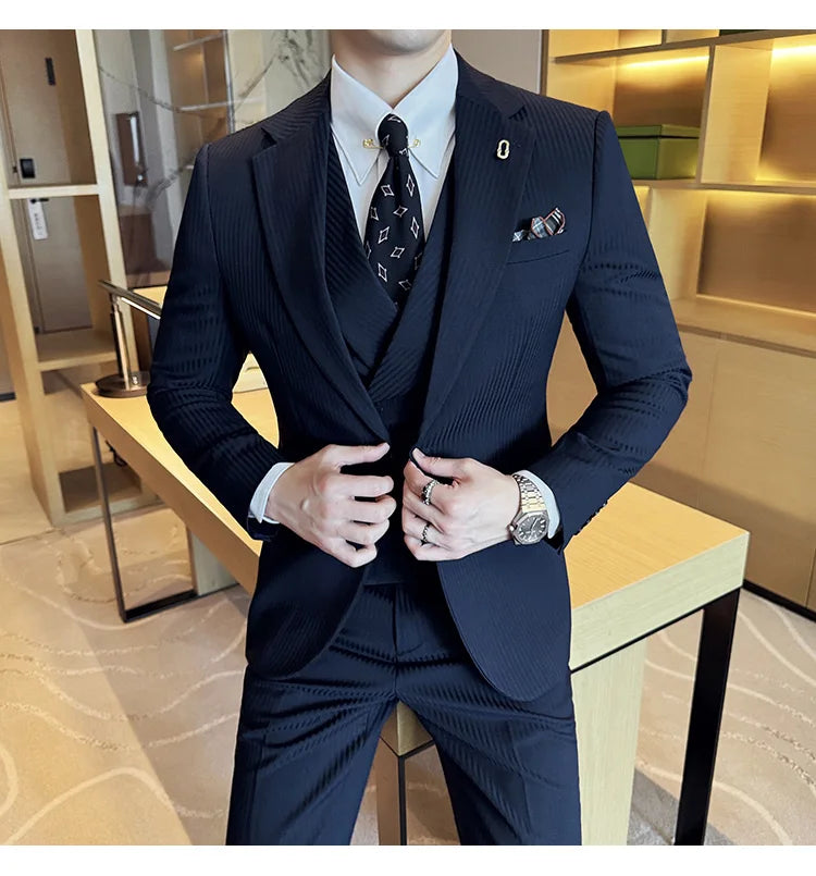 Luxury Stripe Men Suit Korean Version Fashion Elegant Slim Fit Tuxedo Formal Groom Wedding Social Suits