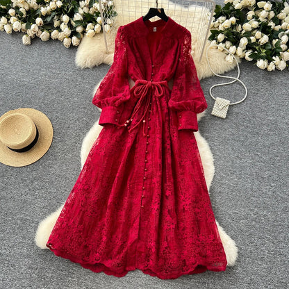 High-End Women's Dress Heavy Embroidery A-Line Long Skirt V-Neck Lantern Sleeve Single Button High Waist Korean Style Commute