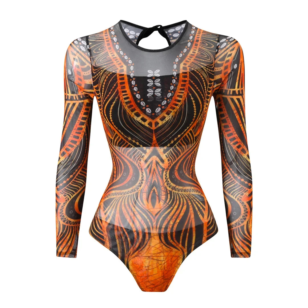S - XXL Printed Long Sleeve With Sarong One Piece Swimsuit Women Swimwear Female Flowers Padded Bather Bathing Suit Swim V7181
