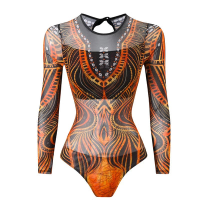 S - XXL Printed Long Sleeve With Sarong One Piece Swimsuit Women Swimwear Female Flowers Padded Bather Bathing Suit Swim V7181