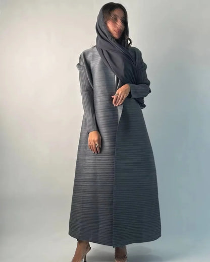 Women's Fold Miyake Pleated Abaya Long Sleeve Print Foldable Collar Robe Cardigan Coat New Winter Fashion Original Design 2026