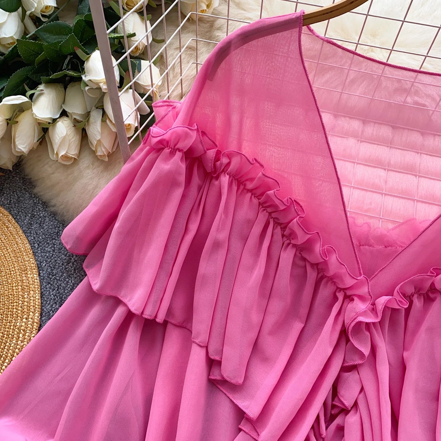 Chic Ruffles Splice Chiffon Blouse V Neck Flared Sleeve Loose Tops 2025 Fashion Solid Fairycore Vacation Women Shirt