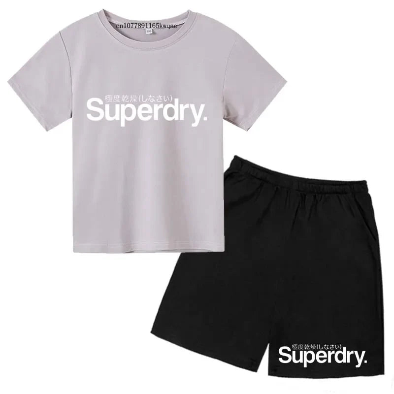 Kids Summer Casual Letter Print Breathable Tees+Short Pants 2pcs Suits 2-13 Years Boys Girls Fashion Outfits Children Clothes