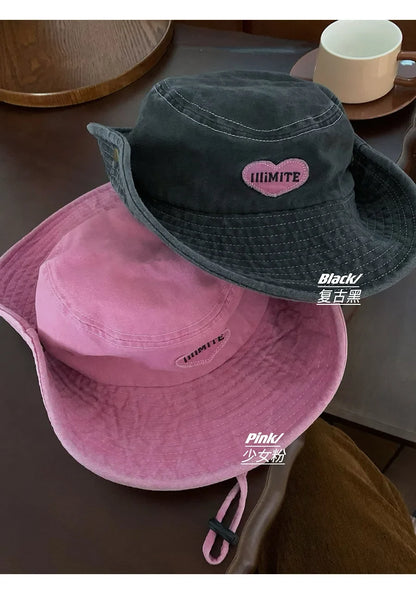 Retro Washed Bucket Hats for Women Cowboy Hats Outdoor Camping Sun Protection Sweet Pink Love Bucket Caps