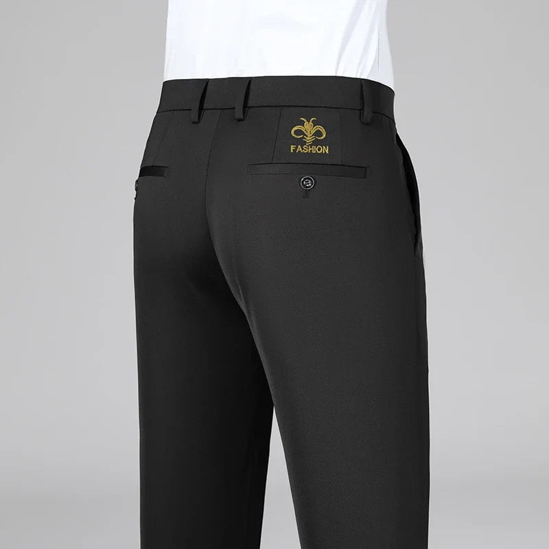 Men's Stretch Pants with Embroidery Casual Suit Pants Wrinkle Resistant Dress Pants