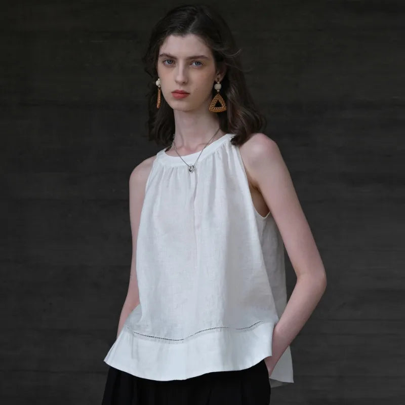 100% Linen Halter Tops Women 2026 Summer New Round Neck Sleeveless Tank Top French Office Ladies Loose Camisoles