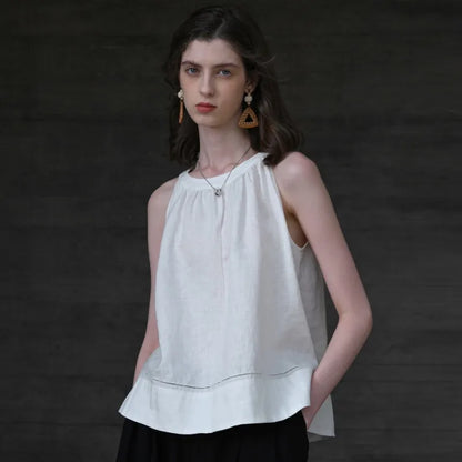 100% Linen Halter Tops Women 2026 Summer New Round Neck Sleeveless Tank Top French Office Ladies Loose Camisoles