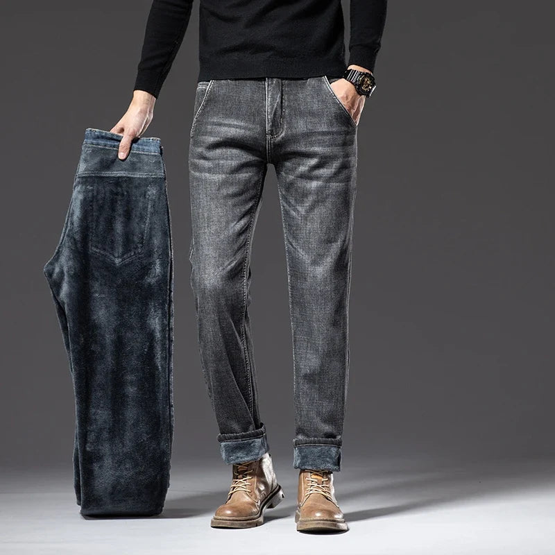 2024 New Men's Clothing Casual Jeans Winter New Fleece Pants Thick Warm Fashion Straight Fit Male Denim Trousers
