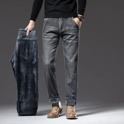 2024 New Men's Clothing Casual Jeans Winter New Fleece Pants Thick Warm Fashion Straight Fit Male Denim Trousers