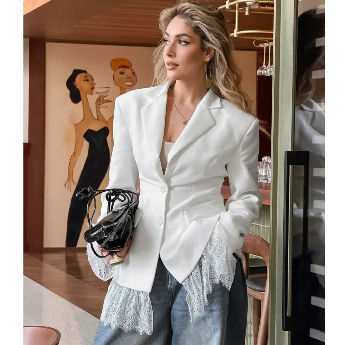 Elegant Lace Blazer Coat Women Fashion Office Lady Full Sleeve Single Breasted Jackets 2025 New Autumn Black Casual Slim Coats